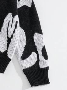 SHEIN Tween Boy Casual Black & White Contrast Letter Graphic Knit Cardigan, Autumn/Winter Boys Boy Kids Boys Kids Boy Teen Boys Fall - Black - View 3