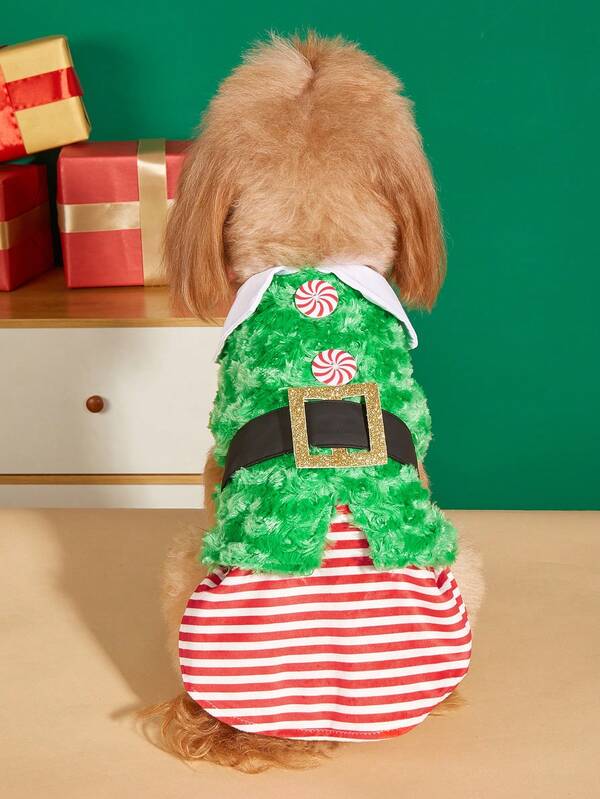 PETSIN Disfraz de perro elfo aterciopelado festivo con botones de menta y hebilla dorada - Atuendo navideño para mascotas