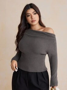 Dazy Plus 大码女式优雅纯色露肩套头毛衣，适合派对、秋季 - 深灰色 - 查看 6