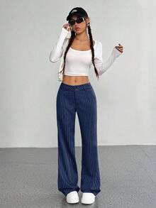 SHEIN Tall 女士竖条纹休闲裤，简约日常穿着 - 藏蓝色 - 查看 3