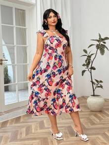 Soleia Plus Size Women Flowy Fruit Print Maxi Dress With Flutter Sleeves, Vacation - Multicolor - View 6