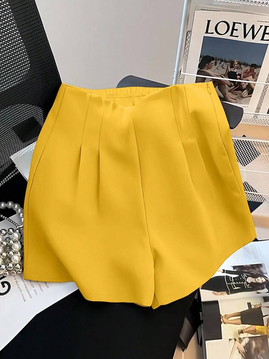 Airaco Quần short ống rộng cạp cao có khóa kéo thanh lịch, quần short xếp ly thời trang thường ngày dành cho nữ - Màu vàng - Xem 1