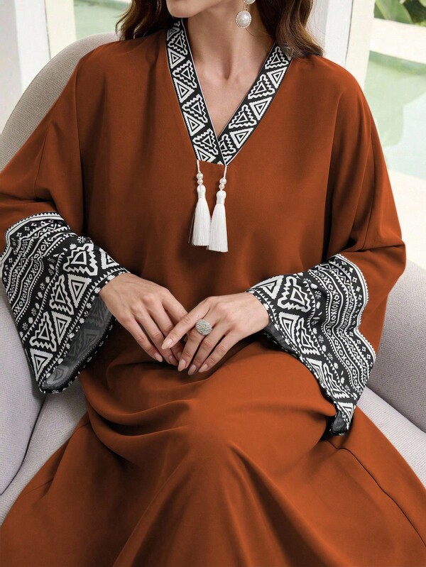 Al Najma Women's Contrast Color Vintage Style Casual Long Sleeve Cardigan Kaftan Jalabiya Dress