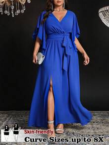 SHEIN CURVE+ 加大码女式 V 领褶饰腰部开衩下摆梭织连衣裙，优雅派对装 - 寶藍色 - 查看 1