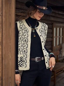 LanaWest Áo khoác cardigan dáng rộng, họa tiết chắp vá, có túi cài nút phía trước, phong cách du lịch thường ngày dành cho nữ, mùa thu/đông - Màu be - Xem 6
