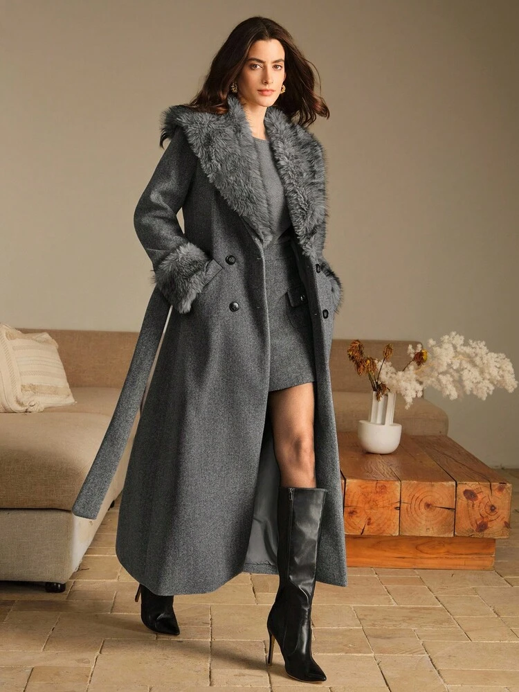 Abrigo largo con solapas anchas para mujer, otoño/invierno