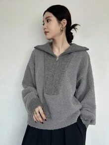 FRIFUL Women's High Neck Half-Zip Contrast Color Patchwork Loose Ribbed Knit Sweater, Warm & Thick - Grey - View 3