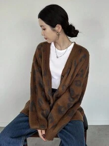 女士休闲豹纹开衫，秋冬 - 棕色 - 查看 3