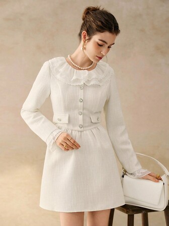 Cévolie 女士秋冬法式花卉蕾丝荷叶边拼接腰部收腰圆领长袖短款连衣裙