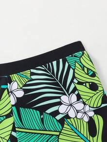 Tween Boy Tropical Print & Letter Graphic Raglan Sleeve Swimsuit Boys Big Kids (8-14 Years) 2-Piece Swim Set: Short Sleeve "SURF" Neon Green Rash Guard T-Shirt & Tropical Leaf Print Beach Shorts Quick Dry UPF 50+ Swim Trunks For Beach Surfing Boys Outfit Sets - Multicolor - View 5