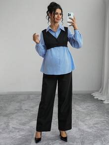 Momance Bộ 2 áo sơ mi và quần sọc thường ngày cho bà bầu - Nhiều màu - Xem 4