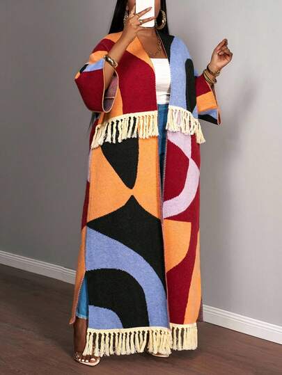 Slaydiva Autumn/Winter New Arrival, Loose Geometric Color Block Patchwork Fringe Knitted Long Cardigan For Plus Size Women, Suitable For Casual Outings, Leisure, Gatherings, Dates, Retro &