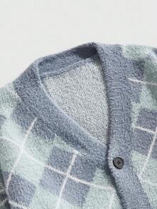 ROMWE MEN Prep Men's Rhombus Pattern Long Sleeve Single-Breasted Casual Knit Cardigan, Autumn/Winter