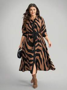 Comfylo Damen Große Größen Zebra-Muster Langarm Einreiher Lässig Hemdblusenkleid - Verschiedenfarbig - Übersicht 8