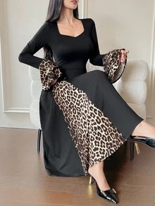 DAZY Women's Elegant Animal Print Patchwork Ruffle Sleeve Mid-Length Dress, Autumn Leopard Print Dress - Black - View 1