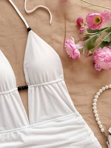 Soleia Vestido mini con escote profundo en V, tirantes con lazo y espalda descubierta para mujer, ajuste ceñido con drapeado, adecuado para fiesta, cita, té de la tarde, vacaciones de verano en la playa con estilo - Blanco - Ver 7