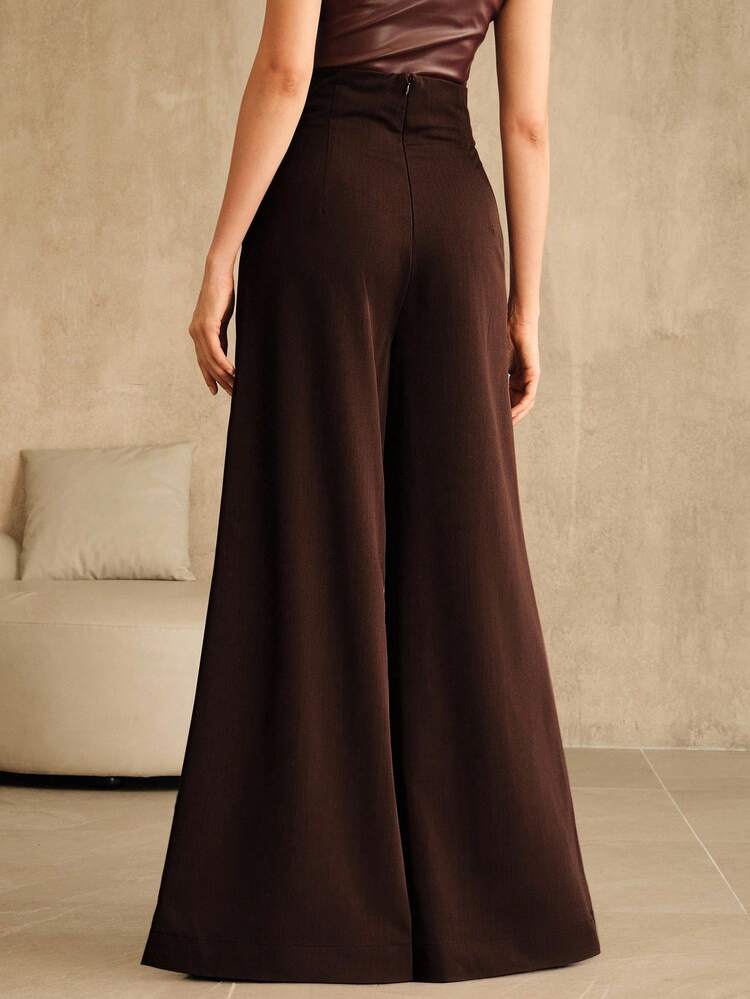 Women's Solid Color High-Waisted V-Shaped Fashion Pocket Flare Pants, Elegant For Autumn/Winter