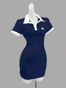 INAWLY Vestido camiseta ajustado con cuello polo y bordado elegante