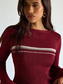 SHEIN BAE 女式简约常规喇叭袖圆领毛衣上衣 - 酒紅色 - 查看 10