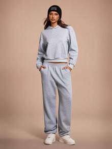 SHEIN Sports Women's Casual Hoodie & Sweatpants Set With Pockets - Grey - View 3