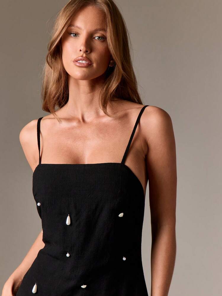 AiiRZ Linen Maxi Dress With Pearl Beading And Open Back