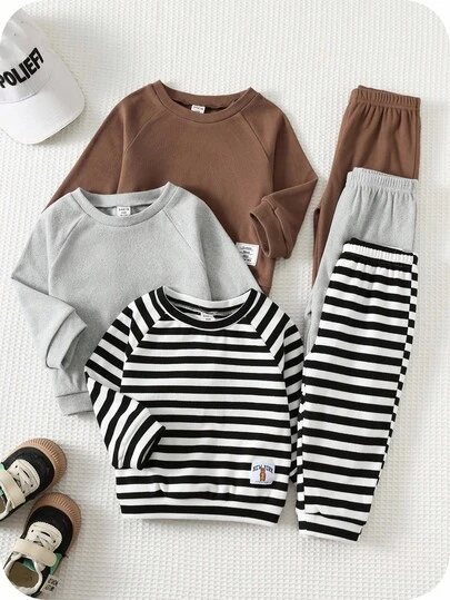 SHEIN 6 件套幼儿男孩/女孩纯色条纹圆领长袖运动衫和慢跑裤套装，舒适、时尚、休闲，适合秋冬季室内、户外、日常穿着、运动、玩耍、派对、摄影、度假