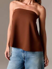 AiiRZ Áo Bandeau không dây màu nâu sô cô la có chi tiết thắt lưng cho thời trang mùa thu - màu nâu - Xem 6