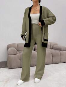 EURMUSE Women's Contrast Color Button Front Drop Shoulder Long Sleeve Pocket Loose Cardigan And Pants Knit Two Pieces Set - Army Green - View 6