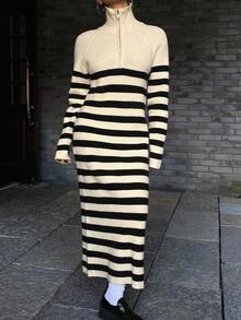DAZY Women's Casual Loose Contrast Striped Half-Placket Sweater Dress, Autumn - Beige - View 6