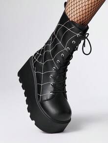 ROMWE Grunge Punk 2025 Automne/Hiver Nouveau Bottes courtes à bout rond style punk avec laçage, broderie toile d'araignée, semelle épaisse. Tige , bottes mi-mollet mode extérieur à enfiler