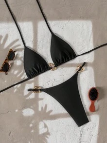 Swim Chiccia Bộ bikini tam giác màu đen hở lưng hở lưng gợi cảm thời trang nữ, màu trơn, đi biển mùa hè - màu đen - Xem 2