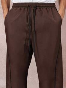 SUMWON Quần ống rộng bằng nylon thông thường có đường viền tương phản, cạp chun, dáng rộng, có dây rút, thời trang dạo phố thu đông, thường ngày - màu nâu - Xem 6