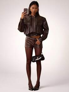 SHEIN BAE Women's Solid Color Long Sleeve Zip-Up Casual Loose PU Leather Jacket, Autumn,Women's Leather Jacket,Women's Winter Jacket,Chic Women's Jacket,Cropped Jacket,Brown Jacket - Coffee Brown - View 6