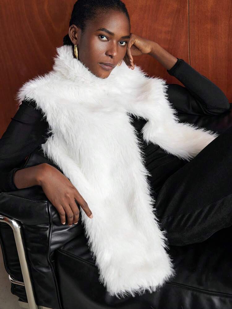 SHEIN Maija Women's White Fluffy Fabric Loose Fit Long Vest, Fashionable Sleeveless Jacket With Slant Pockets, Elegant For Party, Holiday, Casual Daily Wear, Autumn/Winter Winter Coat Women Winter Clothes Women Winter Jacket Winter Coat