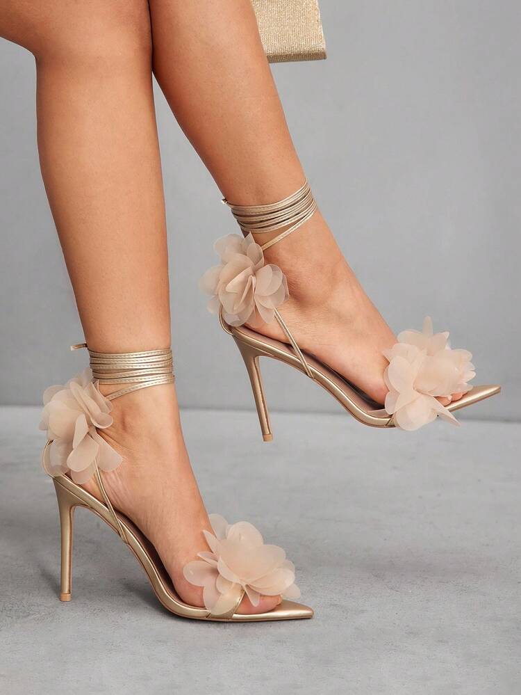 CUCCOO SZL Women's Pointed Toe 3D Floral Decor Elegant High Heel Sandals For Christmas Spring Shoes Prom Heels