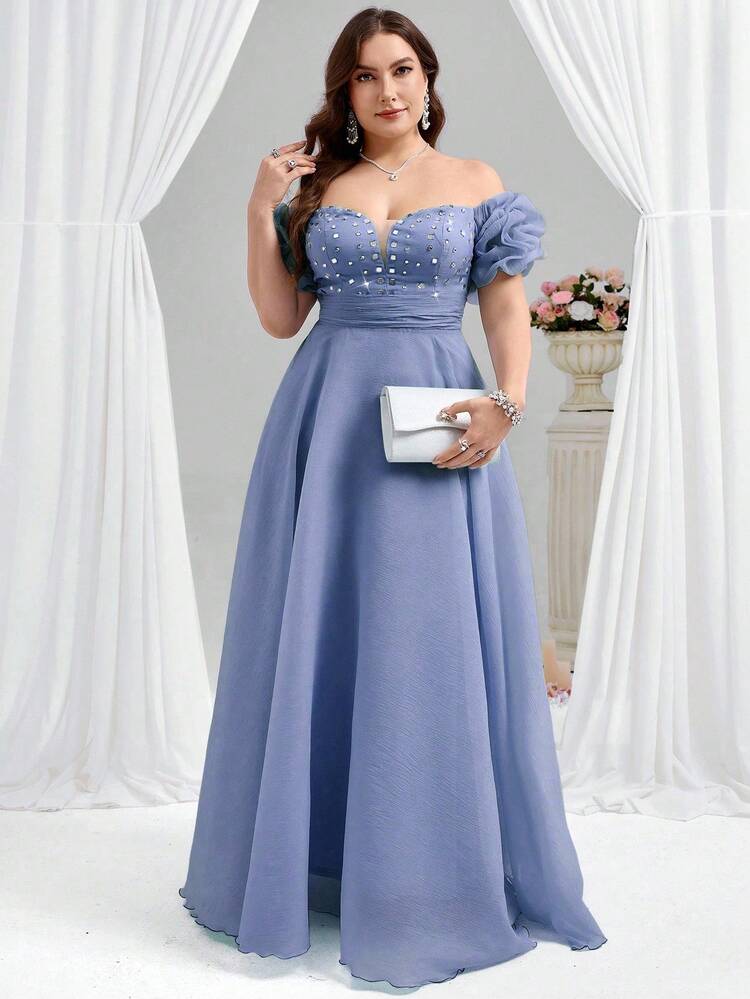 Coutiva Váy dạ hội xòe tay ngắn xếp ly cổ chữ V sâu đính đá caro lấp lánh hở vai thanh lịch, thích hợp cho tiệc sinh nhật, lễ tốt nghiệp, tiệc tối - Màu xanh bụi bặm - Xem 5