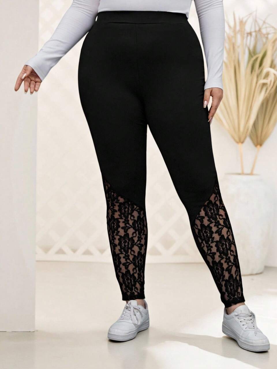 Plus Size Women's Spring Contrast Black Lace Leggings,Summer