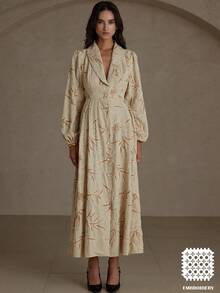 GENKIRA Natural Style Solid Color Embroidered Collar Single-Breasted High Waist Open Front Long Sleeve Dress For Women - Multicolor - View 3