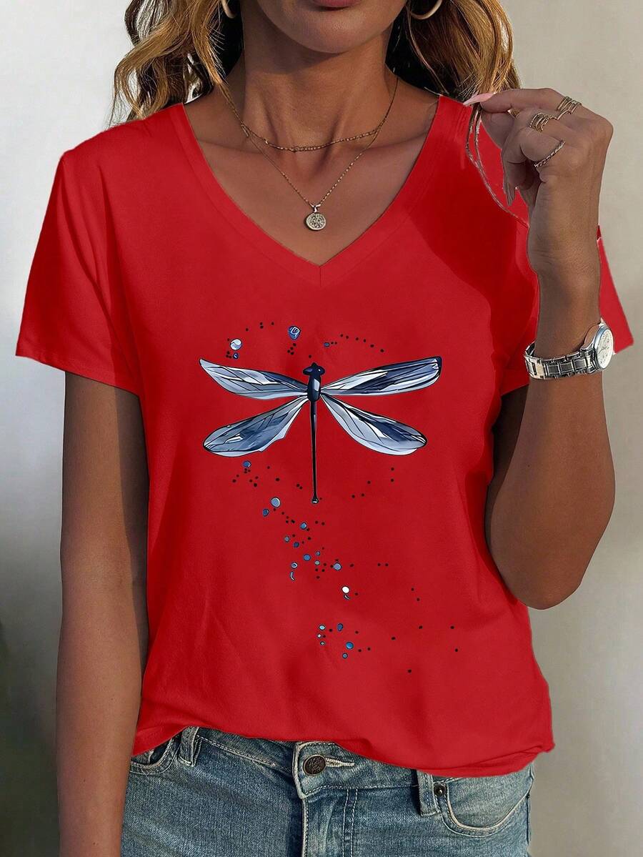 Blue Dragonfly Print Casual V-Neck Short Sleeve T-Shirt For Women - Red - View 1