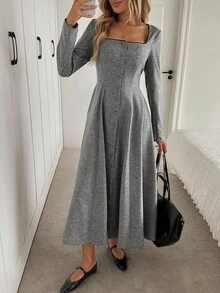 Easowa Square Neck Button Front Long Sleeve Cinched Waist A-Line Midi Dress, Casual Loose Elegant Office Wear, Autumn/Winter Square Neck Dress Button Down Dress Gray Dress Women Long Sleeve Dress A Line Dress Winter Dresses For Women  Women's Winter Clothes  Formal Women's Clothes - Grey - View 4
