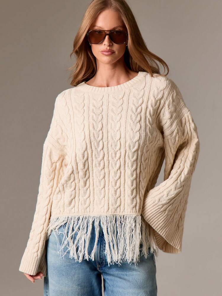 Cable Knit Fringe Hem Oversized Sweater