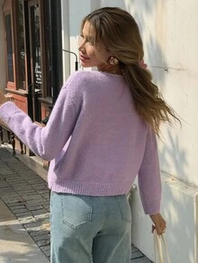 Livesso 女士日常休闲纯色落肩毛衣秋季 - 紫色 - 查看 2