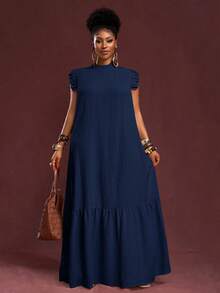 Veslaya Đầm maxi dáng rộng, màu kaki trơn, chất liệu vải dệt họa tiết, không tay, viền bèo nhún, cổ đứng, cỡ lớn, hàng mới về mùa Xuân/Hè, thích hợp cho kỳ nghỉ, thanh lịch và thường ngày. - Màu xanh hải quân - Xem 5