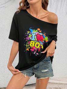 我爱 80 年代女式可爱迪斯科超大落肩短袖 T 恤 - 黑色 - 查看 6