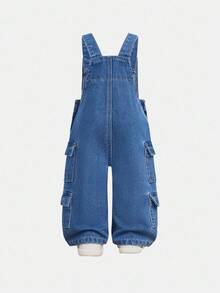 SHEIN Explorewe Baby Boys' Denim Overalls,Blue Summer Street Life Casual Graphic Street Fashion Back-To-School Multi-Pocket Jumpsuit,Washed Versatile Outfits Jumpsuit - Dark Wash - View 2