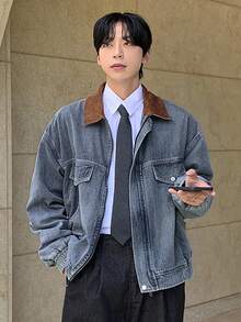 DAZY 男士纯色拼布领蓝色水洗牛仔夹克，秋季 - 藍色 - 查看 7