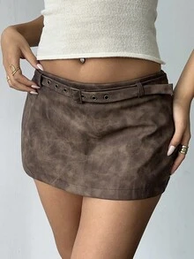 Aloruh Women's Tie-Dye Waist Belt Design Western Style Fashion Short Skirt,Brown Skirt, Fall For Women,Autumn For Women,Going Out,PU,Stylish And Simple Commuting And Casual,Y2K,Coffee Color Mini Skirt,Back To School - Brown - View 2