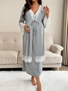 SHEIN 2pcs Maternity Contrast Lace Long Sleeve Robe And Camisole Nursing Nightgown Set