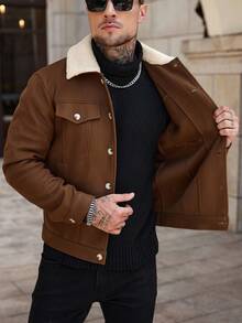 Manfinity Homme Men's Contrast Color Lapel Long Sleeve Single-Breasted Casual Jacket, Autumn/Winter - Brown - View 7