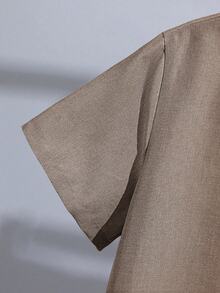 SHEIN Bộ 2 áo sơ mi tay ngắn cổ chữ V màu trơn rộng rãi cho bé trai tuổi teen và quần cạp chun, thích hợp mặc khi đi làm, đi học, mặc thường ngày, thể thao, xuân/hè - màu nâu - Xem 6